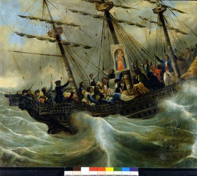 一艘瑞士移民船沉没。 1856 年来自洛迦诺圣母萨索圣殿的前投票。 绘画归功于乔瓦尼·安东尼奥·瓦诺尼 (Giovanni Antonio Vanoni)。 作者 未知艺术家