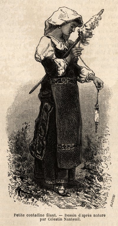 罗马周边地区的小农户，用纺锤纺织羊毛。弗朗西斯-韦在1864-1870年的罗马之行的插图，发表于《世界之旅》1870-1871年，由爱德华-沙顿编辑，Hachette出版社，Pari 作者 未知艺术家