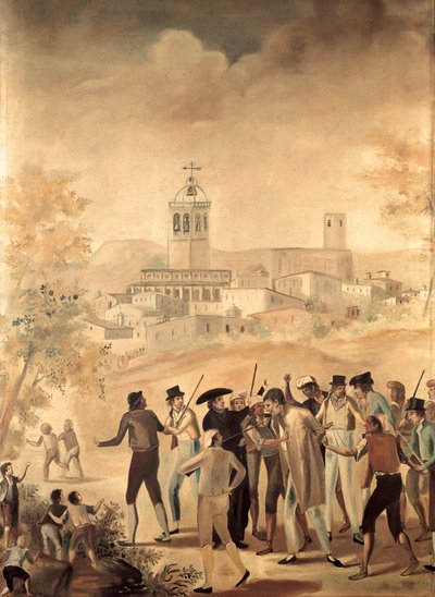 西班牙独立战争（1808-1814）：在曼雷沙附近逮捕一名法国公民，无名画。 作者 未知艺术家
