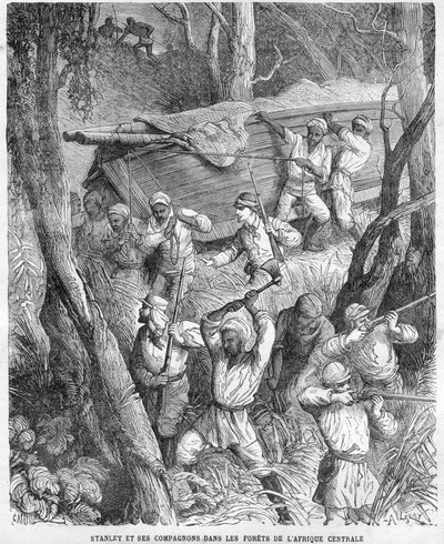 斯坦利在非洲--1874-1877年斯坦利对中部非洲的探险。在丛林中行进--根据霍勒斯-卡斯特利（1825-1889）的画作绘制的木刻。 作者 未知艺术家