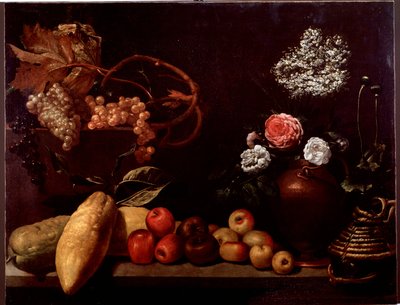 玫瑰花、灌木花、柠檬和葡萄的静物画（绘画 作者 Unknown artist