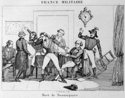博尔帕尔（Beaurepaire）在决定将凡尔登归还给普鲁士人后自杀（1792）。19世纪的雕版画。 作者 未知艺术家