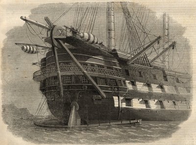 电报：将铺设第一条跨大西洋电缆的H.M.S. "Agamemnon "号船的船尾视图。6月5日的《伦敦新闻画报》上的版画 作者 未知艺术家