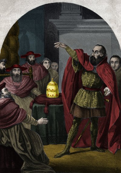1410年比萨会议宣布安提帕-约翰二十三世（安提帕-乔瓦尼23世）（1410-1415年）（Baldassarre Cossa）为宗主教皇。1842年莫里斯-拉夏特（Maurice Lachatre）在《教皇历史》中的雕刻。私人收藏。 作者 未知艺术家