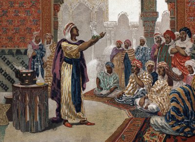 阿拉伯炼金术士盖博（Jâbir ibn Hayyan）（v721-v815），einching化学。巴塞罗那 1881年 作者 未知艺术家