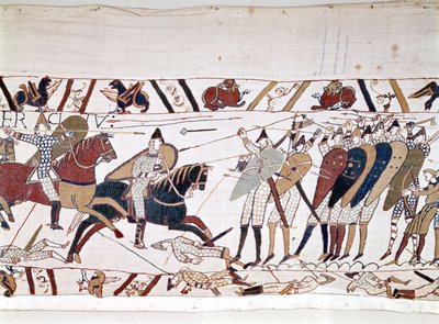 黑斯廷斯战役，由征服者威廉一世（1027 - 1087）于1066年10月14日赢得，英国国王哈罗德二世在战役中死亡（1022 - 1066）。贝叶挂毯，被称为玛蒂尔德女王的刺绣 作者 未知艺术家