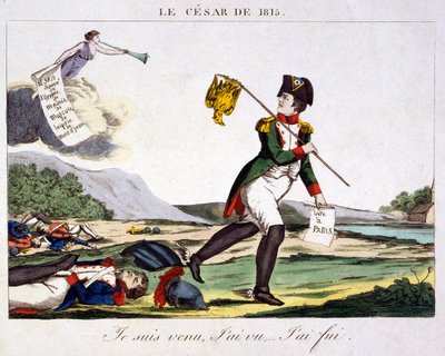 1815年的凯撒--我来了，我看到了......。我跑了。关于拿破仑一世逃离散布着法国士兵尸体的战场的漫画。1815年的雕刻 - 拿破仑-波拿巴（1769年8月15日-1821年5月5日）是法国的军事和政治领导人，他的名字叫拿破仑。 作者 Unknown artist