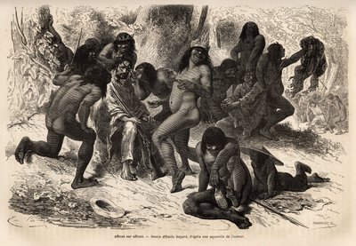 在卡拉瓦亚山谷（Andes cordilliere），Chunchos印第安人袭击了Marcoy的团队，但后者没有什么可飞的，印第安人以脱掉探险家的衣服和用岩豆种子化妆为乐。在安第斯山脉中航行的图画。 作者 Unknown artist