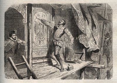 让-古戎（1510-1562年或1569年）之死，根据一个传说，他死于1572年的圣巴特勒米（Saint Barthelemy）--1864年 "杰出人物词典 "中的雕刻，作者是Joseph Decembre和Edmond Allonier。 作者 未知艺术家