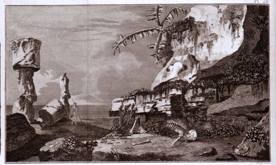 波利尼西亚的复活节岛 (Rapa Nui)，源自 19 世纪雕刻的“Viaggi del Capitano Cook”。 作者 未知艺术家