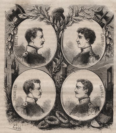 拉罗谢尔的四人组（Jean Francois Bories (1795-1822), Jean Joseph Pommier (1796-1822), Marius Claude Raoulx (1797-1822)）和Charles Goubin（1798-1822）在复辟时期被指控想要推翻君主制和1822年上断头台 作者 未知艺术家