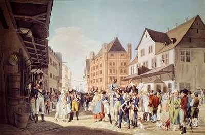 第 24 步兵团的法国军队带着 1808 年法兰克福将军奥热罗版画离开法兰克福，历史博物馆 作者 未知艺术家