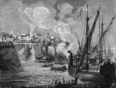 1453年穆罕默德二世围攻君士坦丁堡时，围攻者和被围攻者使用的希腊火。载于 "科学专辑"，Éditions Jouvet 作者 未知艺术家