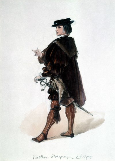 纽伦堡的歌唱大师》（Die Meistersinger von Nürnberg），理查德-瓦格纳创作的歌剧：由Walther von Stolzing为首演设计的服装。拜罗伊特瓦格纳博物馆。 作者 未知艺术家