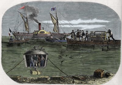 Antoine Prosper Payerne 博士的“鹦鹉螺”潜水钟在巴黎塞纳河进行了实验，然后在美国完善。 雕刻（1858 年）在 Le“”世界杰出“”。 作者 未知艺术家