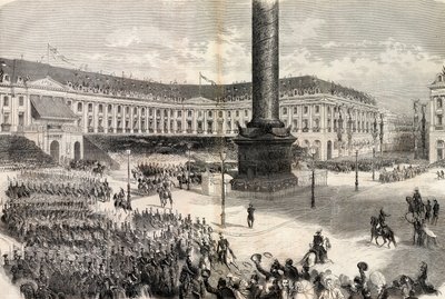 巴黎庆典，意大利军队在旺多姆广场向皇帝行礼--《意大利战争》--Rentree des troupes，旺多姆广场，巴黎，拿破仑三世的问候。 作者 未知艺术家