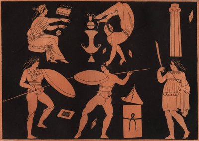Pyrrhichios舞（Pyrrhic dance）--来自《宇宙中所有民族的用途和习俗》的雕刻。或从最迅速的时代到现在的所有国家的政府、法律、民兵、宗教的历史" 1856年 作者 未知艺术家