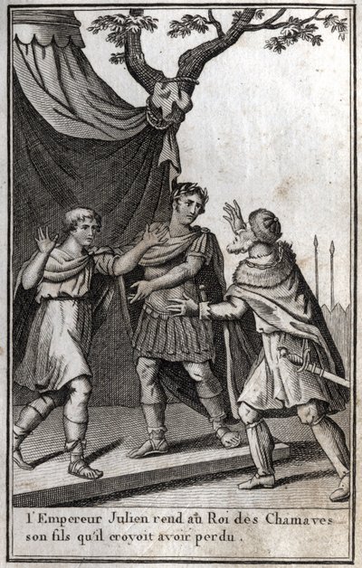 罗马皇帝朱利安（Flavius Claudius Julianus, Julian the Apostate, Julian the Philosopher, Julian II）（332-363）把他认为已经失去的儿子还给了查莫夫的日耳曼人国王。4世纪。雕刻在 "Beaute de l 作者 未知艺术家