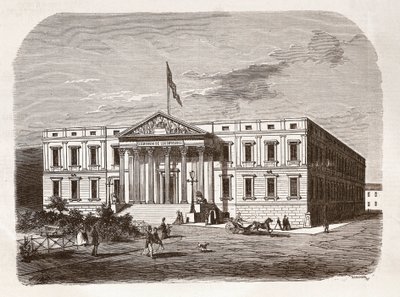 西班牙议会 (Congresso de los diputados)，马德里。 雕刻 19 世纪。 作者 未知艺术家
