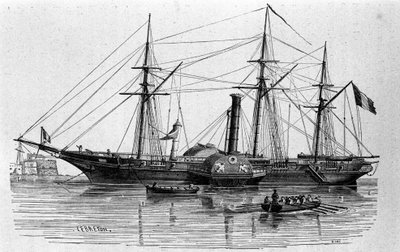 The Sphinx, the first steamboat of the French navy built in 1830. Engraving of the 19th century. 作者 未知艺术家