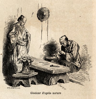 后自然凿子。 雕刻说明 1863 年至 1864 年前往日本的航行，由瑞士联邦部长艾梅·亨伯特 (Aime Humbert) 在爱德华·查顿 (Edouard Charton) 指导下出版的“Le tour du monde, nouveau journal des voyages”中 作者 未知艺术家