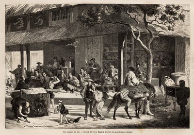 一所房子的动画和街道的活动。1863-1864年，瑞士联邦部长艾梅-亨伯特在 "Le tour du monde, nouveau journal des voyages "的指导下出版的 "Le tour du monde, nouveau journal des voyages "中为赴日航行作的版画。 作者 未知艺术家