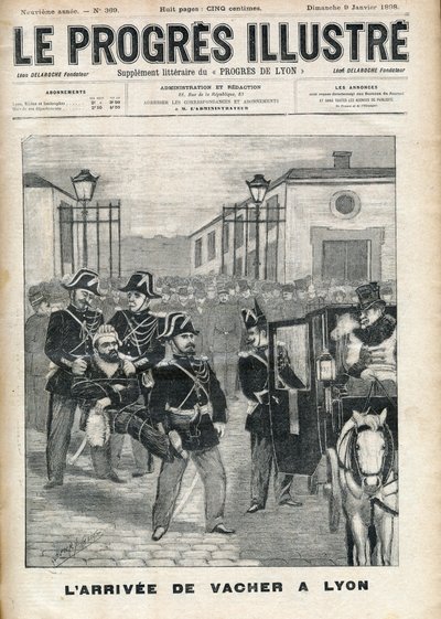 1898年，"牧羊人杀手 "约瑟夫-瓦切尔（1869-1898）抵达里昂监狱--1898年1月9日的《进步-辉煌》杂志封面。 作者 未知艺术家