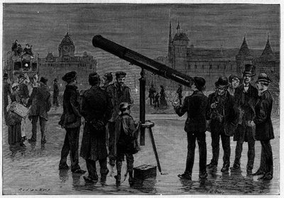 1889年2月，天文学家和他的天文挡板在巴黎的Chatelet广场，当时正在对金星进行观测。雕刻在 "La Nature.科学及其在艺术和工业中的应用杂志" 作者 未知艺术家