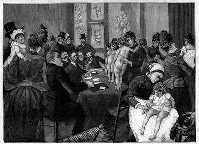 婴儿竞赛。母亲在巴黎Cloitre-Notre-Dame街的评审团面前展示他们赤裸的孩子，以选举最美丽的婴儿。在 "杰出世界 "上的雕刻。 作者 未知艺术家