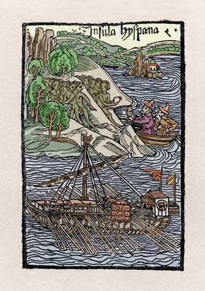 克里斯托弗-哥伦布（1451-1506）在伊斯帕尼奥拉的树皮。雕刻自 "De insulis in mare Indico super inventis"，Bale 1493-1494（哥伦布给西班牙国王的报告的拉丁文翻译）。 作者 未知艺术家