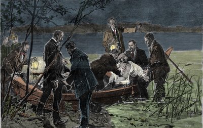 1886 年 6 月，巴维埃·维特尔斯巴赫 (1845-1886) 的路易斯 (路德维希) 二世的尸体在伯格城堡附近的施塔恩贝格湖与古登博士一起淹死 雕刻 作者 未知艺术家