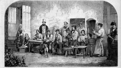 香槟酒的装瓶。1864年的雕版画。 作者 未知艺术家