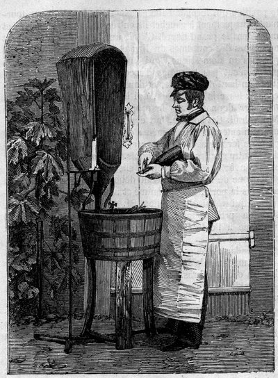 香槟酒的装瓶。1864年的雕版画。 作者 未知艺术家