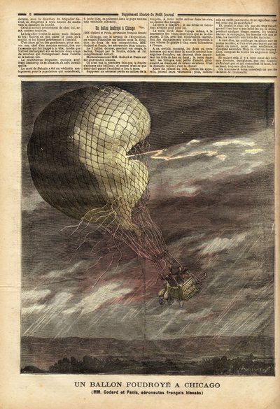 The captive balloon (captive balloon) of the French Messrs Godard and Panis, victim of an accident caused by the storm on July 7, on the ground of the World Exhibition in Chicago, in full flight, the balloon was struck and struck, hurting the two airmen gr 作者 未知艺术家