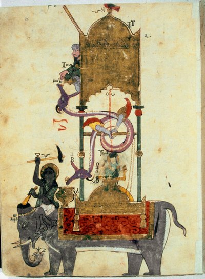 Clepsydra有大象 这是一项中世纪的穆斯林发明，由土耳其工程师Ibn al-Rajjaj al-Jazari（Al Rajjaj Al Jazari）（1136-1206）在1200年左右设计的大象形水钟组成。土耳其发动机设计的发明 作者 未知艺术家