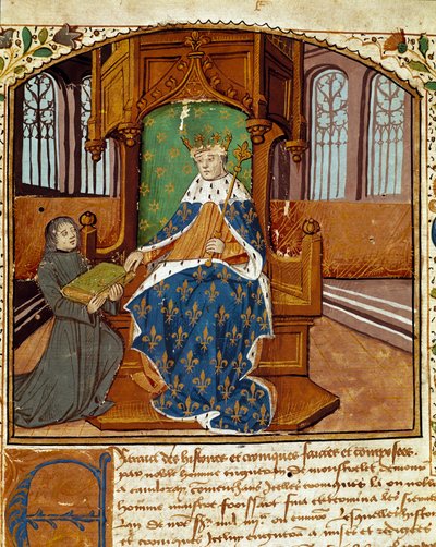 专栏作家 Enguerrand de Monstrelet (1400-1453) 将他的书捐赠给国王查理七世 (1403-1467) 来自“Chronicles d