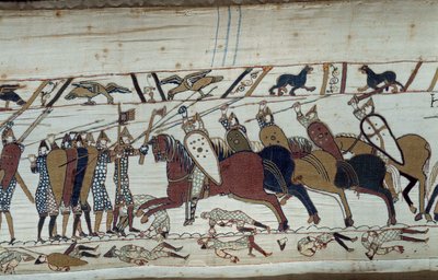 诺曼底公爵威廉-征服者（1027-1087）于1066年征服英格兰：黑斯廷斯战役的场景，诺曼人的步兵与撒克逊人的骑兵对峙。 贝叶挂毯或玛蒂尔德女王刺绣的细节 作者 未知艺术家