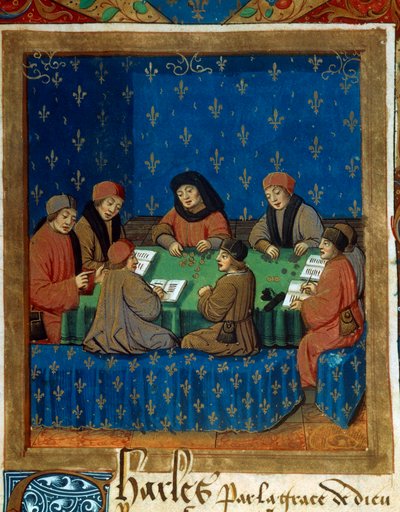 皇家Tresor微型画的柜台，取自尼古拉斯-奥雷塞姆（Nicolas Oresme）（1320-1382）的银质挤奶作品（可能是De Moneta）。 作者 Unknown artist