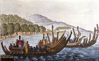 The department of Polynesians for the Pacific aboard double-hull canoes. Lithograph from the beginning of the 19th century 作者 未知艺术家