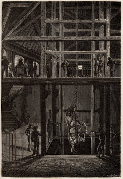 The descent of a horse in the Creusot mines, used in underground tunnels for the transport of coal carts. Engraving to illustrate a voyage to the Creusot and the mines of Saone and Loire, in 1865, by L. Simonin, in “” Le tour du monde, nouveau journal des  作者 未知艺术家