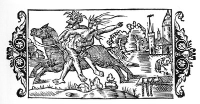 携带女巫的魔鬼--载于奥劳斯-马格努斯的 "Historia de Gentibus Septentrionalibus"，罗马，1555年 作者 未知艺术家