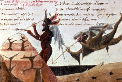 在 14 世纪但丁·阿利吉耶里（Dante Alighieri，1265 - 1321 年）手写版《神曲》（Divine Comedy）之后，地狱中的恶魔。 Bibl.Trivulziana 米兰。 作者 未知艺术家