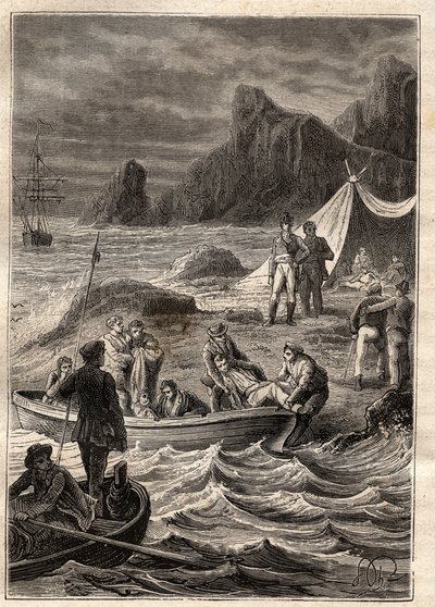 尼古拉-鲍丁（1754-1803）对南部土地的远征（1800-1803）：患坏血病的人被运到冒险湾（澳大利亚塔斯马尼亚）上岸--插图来自 "18世纪伟大的航海家" 作者 未知艺术家