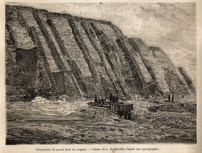 The exploitation of guano (seabirds excrement, uses as fertilizer in agriculture), the cliffs of the Chincha islands (close to the Peruvian coast) are dug on stairs for intensive harvesting of raw material, which loads in wagons is directly loaded in boats 作者 未知艺术家