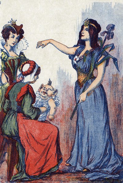 费用预示着Riquet会有很多想法。"Riquet à la houppe "的插图，法国作家查尔斯-佩罗（1628-1703）的故事。匿名插图。想象力 马塞尔-瓦涅，贾维尔-南希，无日期（19世纪末）。 作者 未知艺术家