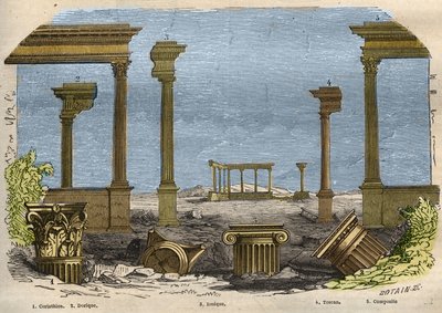 古典（古代）建筑的五个等级。科林斯式、多立克式、爱奥尼亚式、托斯卡纳式和复合式，每一种都由一根柱子代表。1857年在 "Le Musee Des Sciences "中的雕版画 作者 未知艺术家