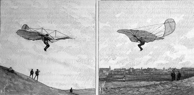 德国航空先驱奥托-李林塔尔（1848-1896）的飞行器，处于两个不同的位置（来自一张即时照片）。雕刻在1894年2月3日的《自然：科学与艺术和工业应用杂志》上。 作者 未知艺术家