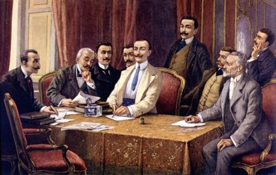 L. Delleani (1840 - 1908) 的菲亚特创始人。 左起（坐着）：比索梅蒂伯爵、拉卡律师、布里切拉索伯爵、切里亚纳、乔瓦尼·阿涅利、斯卡菲奥蒂律师、费雷罗和（站立）路易吉·达梅诺和律师戈里亚·加蒂。 标准差 19世纪末 作者 Unknown artist