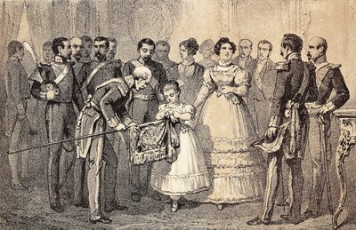 未来的西班牙女王伊莎贝拉二世 (Isabella of Bourbon) (1830-1904) (Isabel II of Espana) 装饰着圣费迪南德勋章 (San Fernando) 卫队长矛的旗帜。 石版画。 作者 未知艺术家