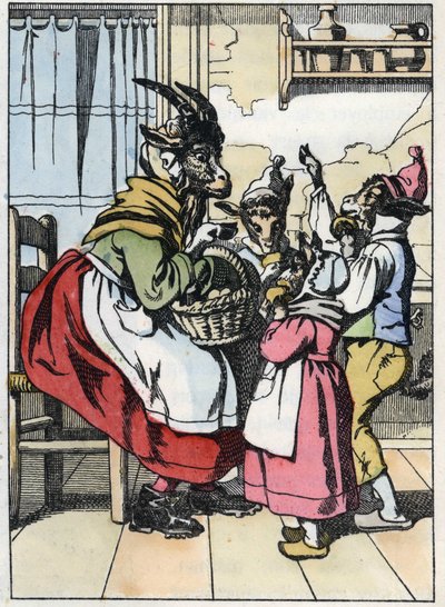 山羊走出市场，听着biquets的历史。寓言故事 "Compere le Loup, Maitre Renard, Comere la Chevre et ses petits biquets "的插图，根据Jean de la Fontaine的寓言。在 "小家伙们的家庭故事 "中 作者 未知艺术家